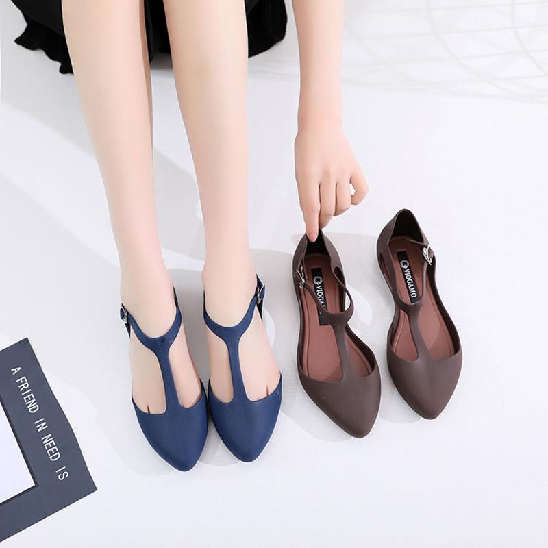 Women's Plastic Flat-bottomed Pointed Toe Closed Toe Fashion Shallow Mouth Frosted Summer and Autumn Soft Sandals Single Shoes