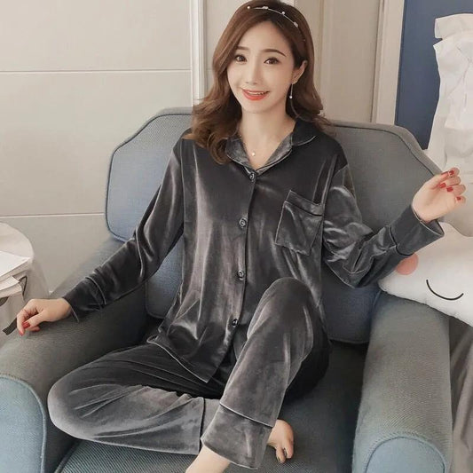 Women Winter Pajamas Sleeping Suits Warm Sleepwear Velvet Sleepshirt Homewear Button Closure Long Sleeve Top and Panty Sets Plus Size M-5XL