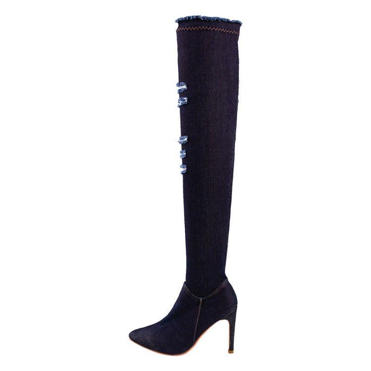 High Boots Female Pointed High-heeled Hole Denim Skinny Legs Over The Knee Boots Single Boots 35-42