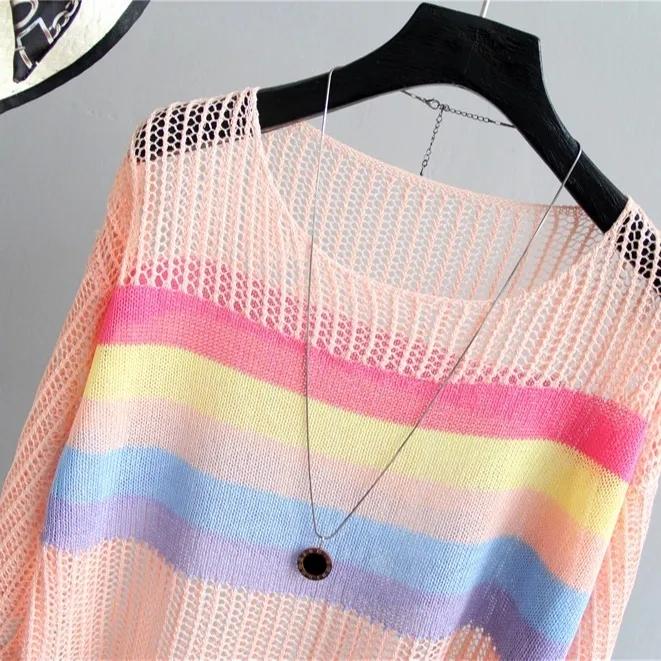 Striped Pullover Sweater Spring Korean Version Hollow Blouse Female Contrast Color Loose Five-point Sleeve Bottoming Shirt Breathable Cool Top