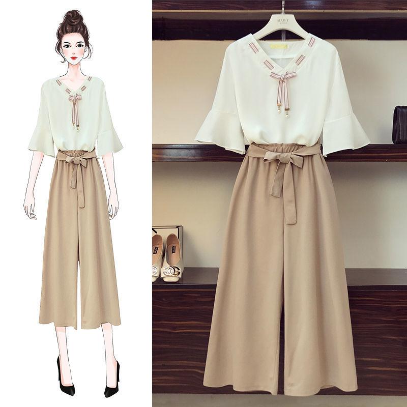 Suit Chiffon Shirt Casual Women's Wear Wide Loose Wide-leg Pants Two-piece Shirt Loose Cover Meat Thin Casual Suit Plus Size Women's Clothing