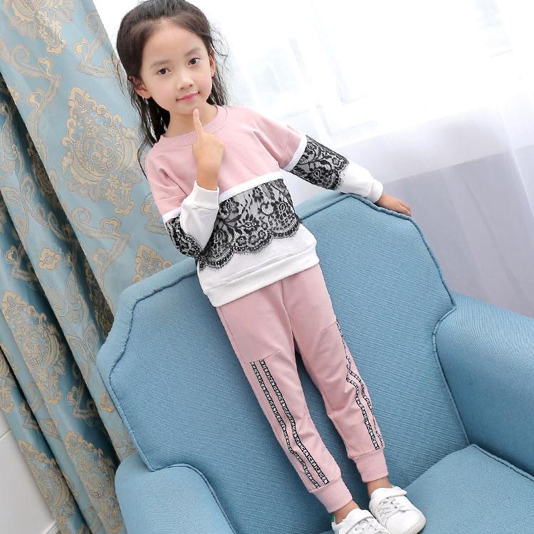 Children's Spring and Autumn 2-piece Sports Suit Korean Lace Stitching Top + Striped Letter Printed Trousers Set