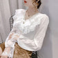 Women Summer Petal Sleeve Hollow Out Flower Lace Patchwork Shirt Slim Elegant Female Versatile Blouse Chic Button Top