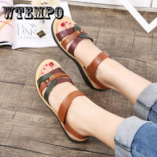 Women Fashion Comfortable Peep-toe Flat Shoes Summer Beach Roman Sandals