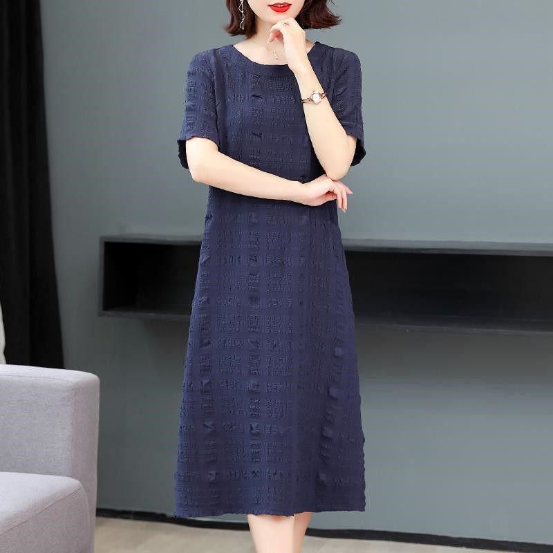 Short-sleeved Simple Retro Dress Round Neck Short-sleeved Women's Loose Mid-length Skirt Fabric Light and Breathable Straight Version Dress