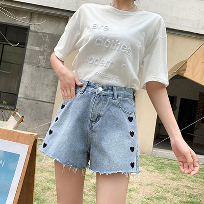 WTEMPO Heart-shaped Embroidery Washed Denim Summer Women Denim Shorts Jeans High Waist Casual Shorts