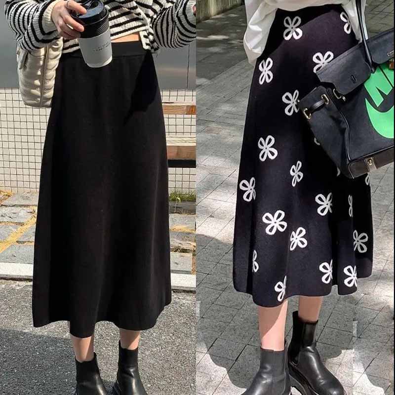 Small Fragrance Thick Knitted Skirt Female High Waist Was Thin Autumn and Winter Long Wild A-line Skirt Large Swing Skirt