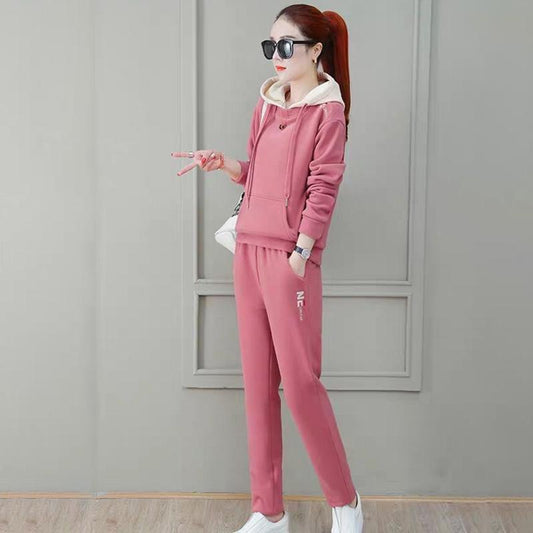 Plus Velvet Thickened Leisure Sports Suit Women Loose Hooded Hoodie Two-piece Fabric Breathable Warmth and Comfort