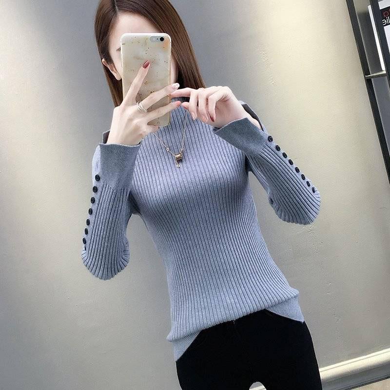 Women Sweater with Buttons Long Sleeve Sexy Slim Female Tight Knit Turtleneck Pullover Ladies Jumper