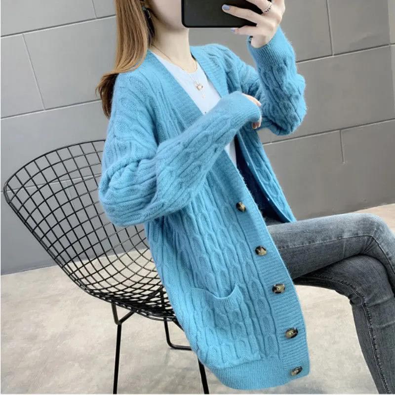 Women's Loose All-match Mid-length Knitted Sweater Cardigan Sweater Coat In Spring and Autumn