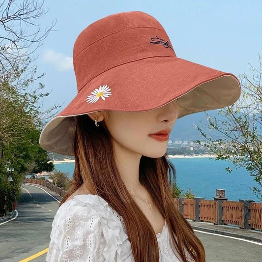 Double Side Big Brim Beach Cotton Daisy Embroidered Sun Hat for Women Anti-UV Summer Sunscreen Sun Hat Cool Hat Outdoor Solid Color Fisherman Hat