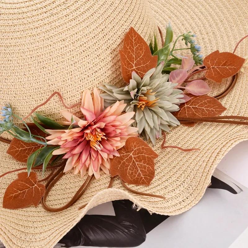 Women's Summer Flower Straw Hat Beach Foldable Sunscreen Sun Cap Anti-UV Sunshade Big Edge Vacation Cap