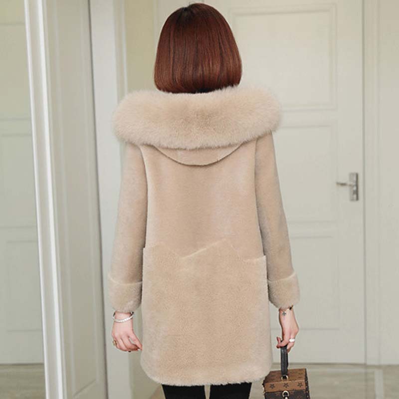 Fur Fox Fur Collar Jacket Female Grain Wool Sheep Shearing Fleece Autumn and Winter Warm Hooded Thick Plus Cotton Loose Top