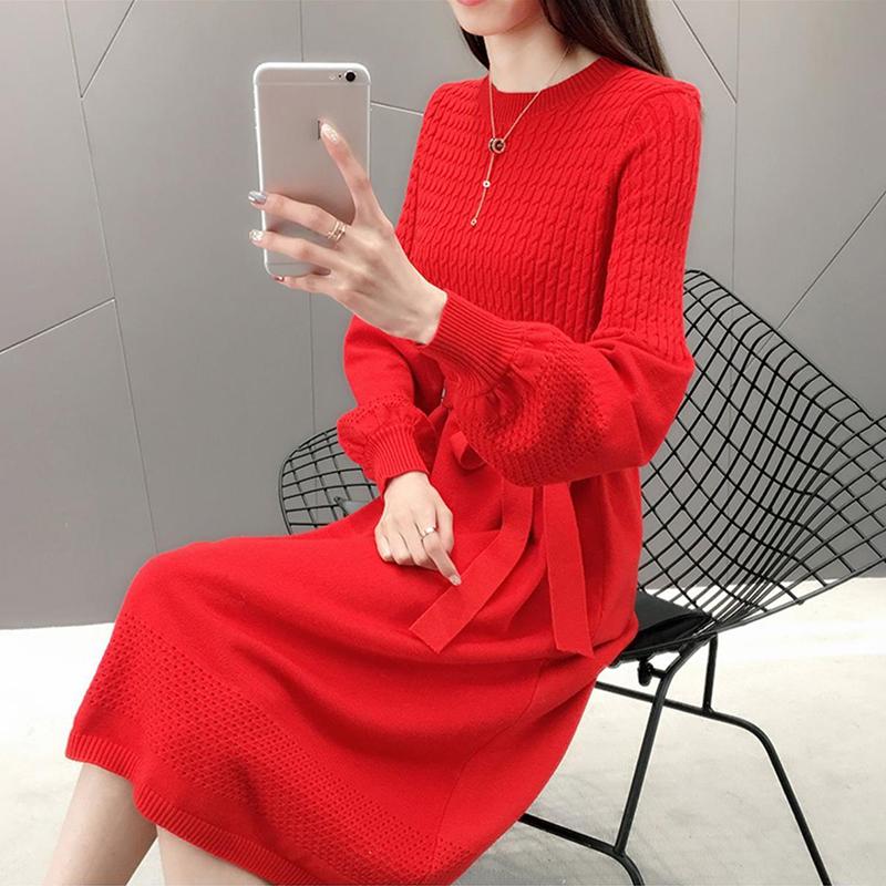 Knit Dress Women Autumn and Winter Loose Mid-length Over-the-knee Sweater Bottoming Tie Belt Slim-fit Sweater Dress Puff Sleeve Sweater