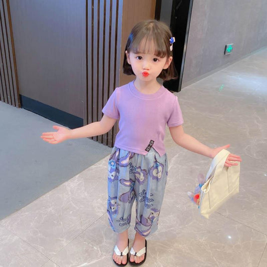 Girls Suit Breathable Summer Dress Short-sleeved Cartoon Print Casual Cute Loose Trousers Two-piece Set