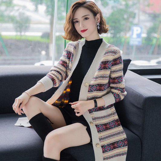 Autumn and Winter Long-sleeved Cardigan Sweater Loose-fitting Outer Wear Mid-length Jacket Jacquard Knitted Female Jacket