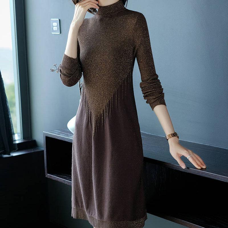 Autumn and Winter Bright Silk Knit Dress Slim Slimming Long-sleeved Bottoming Skirt Fashion Casual Women Sweater Dress