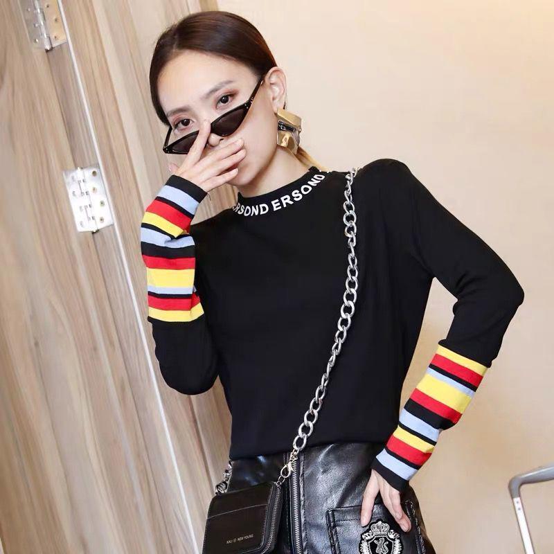 Autumn and Winter Striped Long-sleeved T-shirt Half High Neck Bottoming Shirt Loose Fashion Top