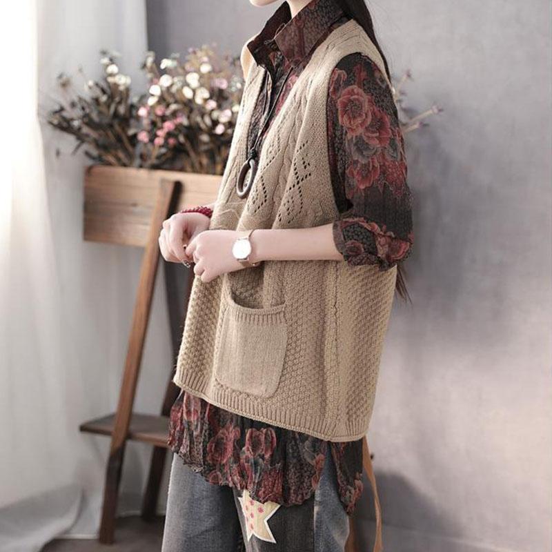 Spring and Autumn Woolen Vest Women's Outer Wear Loose V-neck Double-pocket Knitted Sweater Women's Waistcoat