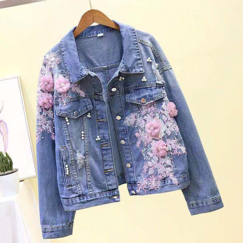 Spring and Autumn Heavy Industry Embroidery Three-dimensional Flower Hole Denim Short Jacket Women's Loose Long Sleeve Jacket Top