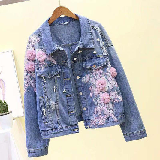 Spring and Autumn Heavy Industry Embroidery Three-dimensional Flower Hole Denim Short Jacket Women's Loose Long Sleeve Jacket Top