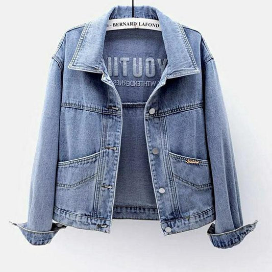 Spring and Autumn Large Size Denim Jacket Women's Loose All-match Embroidery Solid Color Short Blue and Black Jackets