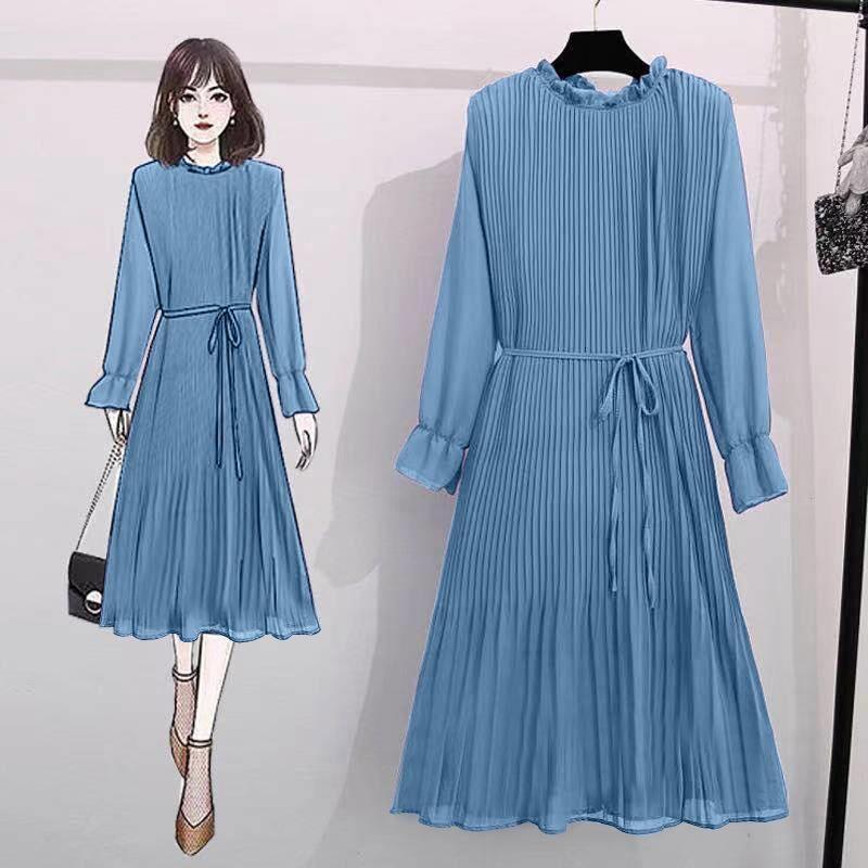 Spring Summer Women's Chiffon Skirt Large Size Medium Long Fashion Thin Pleated Dress Pure Color Long Dresses