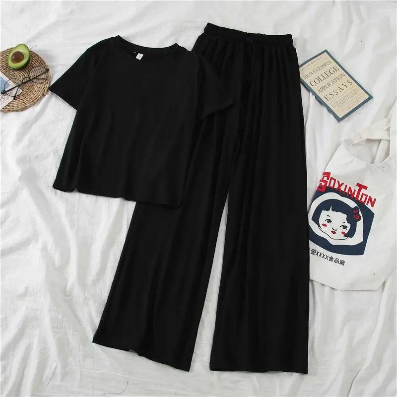 2PCS Women's Spring and Summer Leisure Suit Lazy Korean Style Thin Sportswear Short Sleeve T-Shirt Top + Wide Leg Pants Two-piece Suit