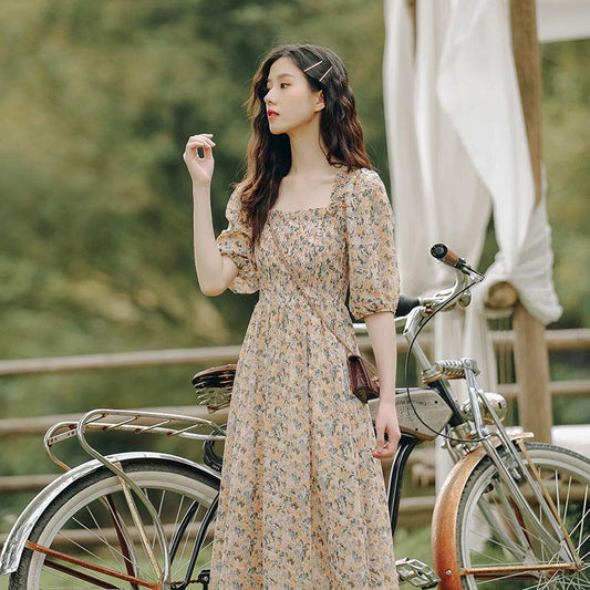 Female Vintage High Waist Super Fairy Holiday Dress Elegant Slim Chiffon Floral Print Pleated Dress