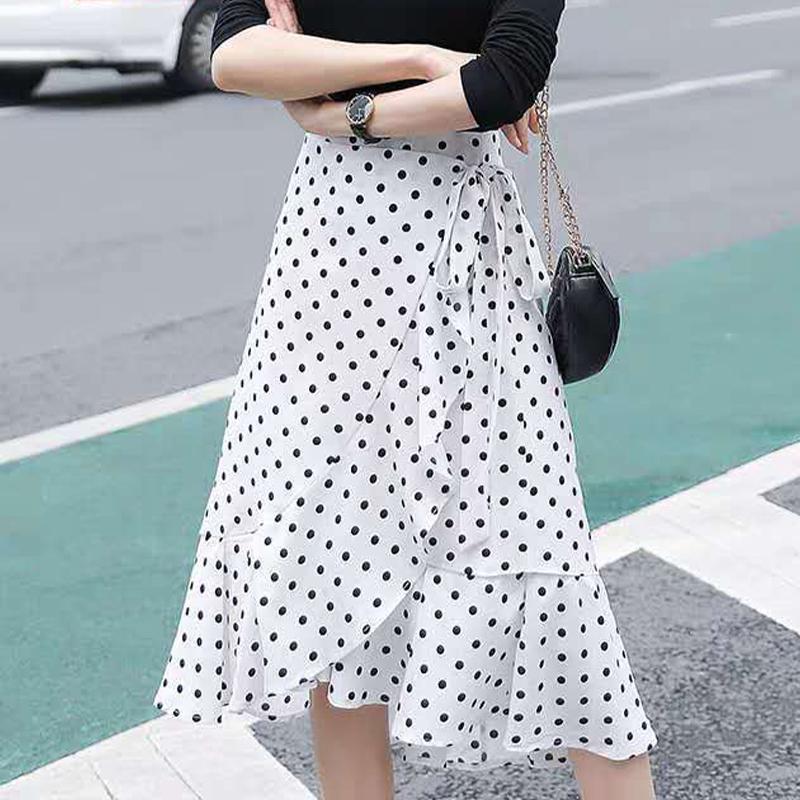 Women's Summer Large Size Wrap Skirt Female Casual Chiffon One-Piece Lace-Up High Waist Irregular Ruffle Loose Polka Dot Skirts