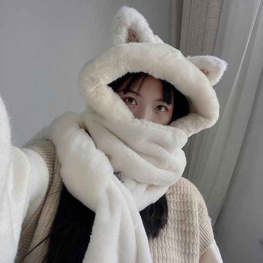 Winter Warm Scarf Women Girl Cute Cat Ear Hooded Pockets Gloves Scarves All In One Soft Shawls Sequin Lady Fashion Fur Warm Winter Scarf Bone Beauty