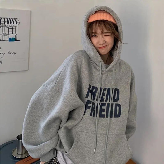 Autumn and Winter Hooded Pullover Sweater Korean Hip Hop Plus Velvet Thickening Harajuku Lazy Wind Sweater Female Student Loose All-match Top Coat