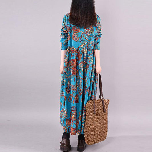 Large Size Women's Retro Printing Round Neck Skirt Covering Hips Fat Mm Dress O-neck Mid-length Sleeves Loose Casual Long Dress with Waist and Slim