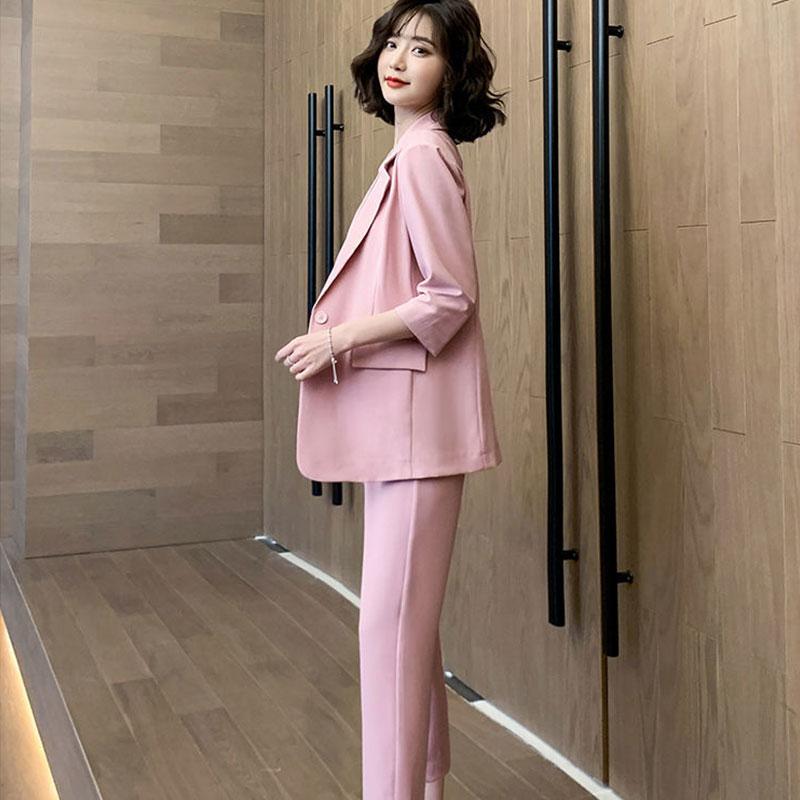 2PCS Women's Solid Color Suits Set Ladies Suit Thin Jacket + Loose Casual Pants Two-piece  Spring and Autumn Large Size Fat Girl Slimming Suit