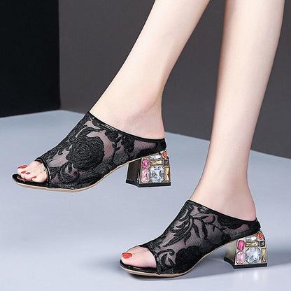 Slippers, Women's Summer Ethnic Style, Fashion Rhinestone Thick-heeled Large Size Sandals and Slippers, Mid-heel Embroidered Shoes