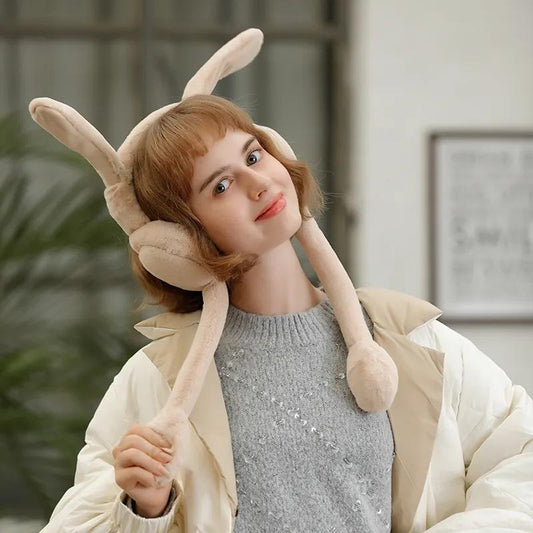 Stand Up Rabbit Ears Earmuffs for Women Cute Long Ears Rabbit Earflap Soft Fur Solid Foldable Ear Warmer Lovely Cartoon Warm Ear Cover Pad