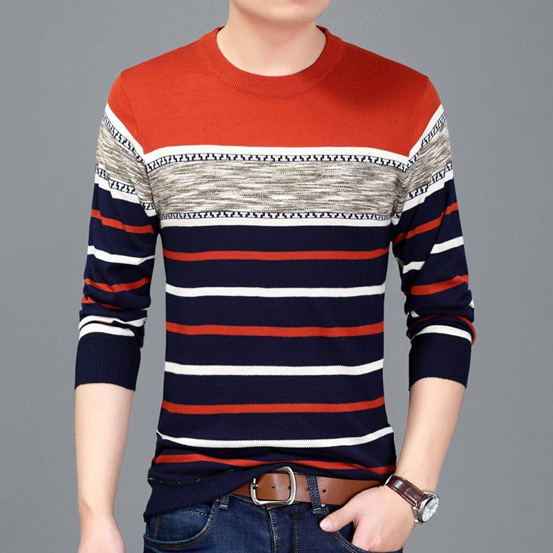 WTEMPO Men Pullover Long-sleeved Warm Sweater Round Neck Striped Pullover Soft and Comfortable  Shirt