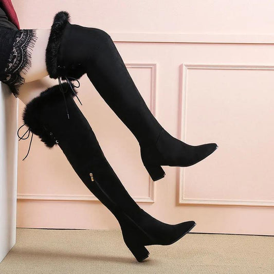 Over The Knee Boots Women Plus Fleece Thick Heel 5cm High Boots Pointed Toe Elastic Boots High Heel Boots