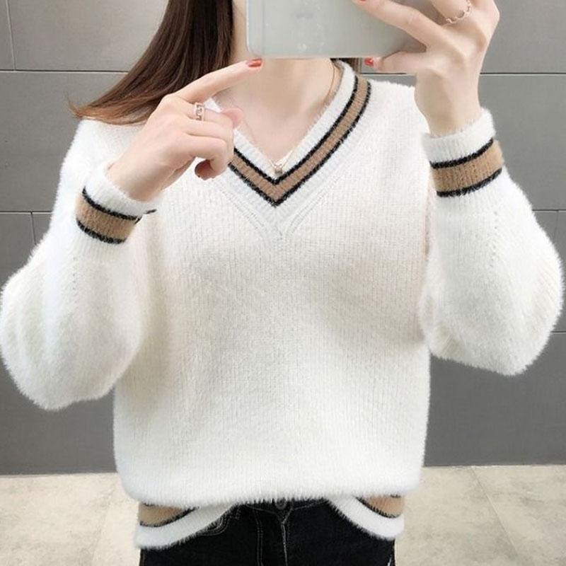 Autumn and Winter Mohair Loose Top V-neck Short Knitted Sweater Fashion Simple Women's Bottoming Shirt