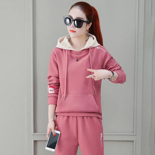 Plus Velvet Thickened Leisure Sports Suit Women Loose Hooded Hoodie Two-piece Fabric Breathable Warmth and Comfort