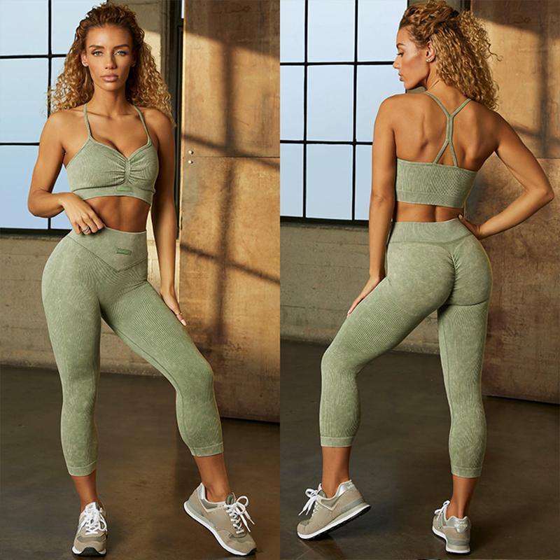 2PCS Women's Suit Shoulder Strap Bra Vest Tight High Waist Hip Raise Pants Yoga Suit Set Gym Tracksuit Active Wear Fitness Running Clithing Sets