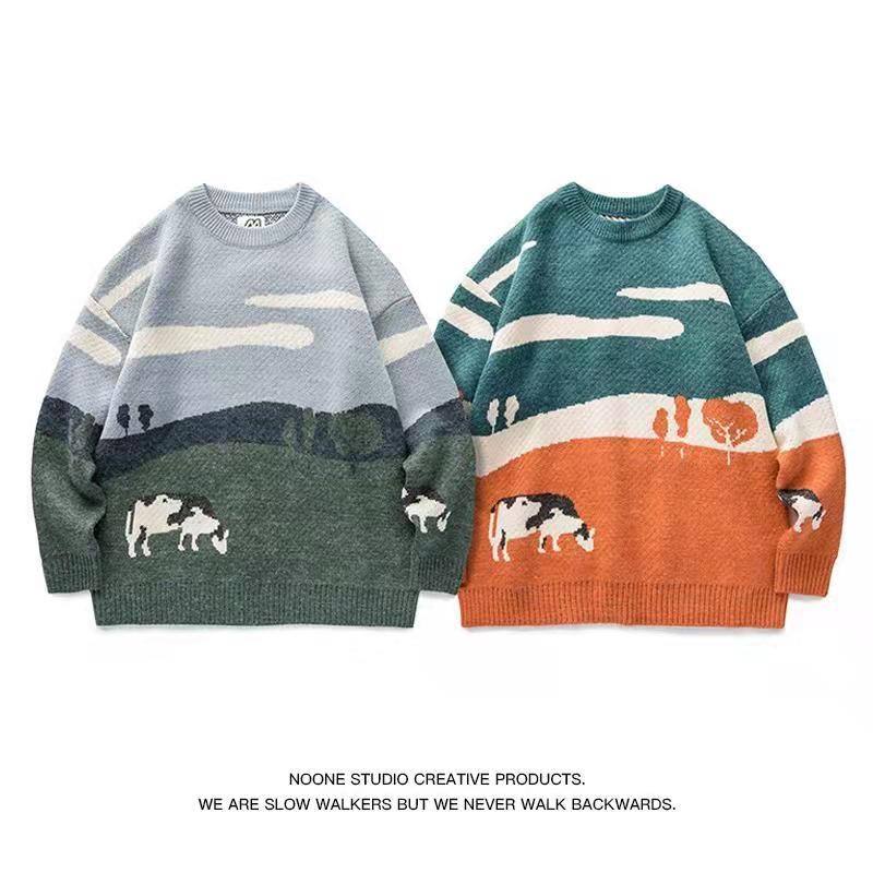 Men's Cow Retro Winter Sweater Pullover Men's O-neck Korean Fashion Sweater Women's Casual Harajuku Clothes