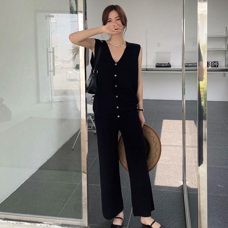 2PCS Spring and Summer Leisure Suit Two-piece Ice Silk Knitted Vest Cardigan + Wide-leg Pants Suit Loose Casual Lazy Style Sets