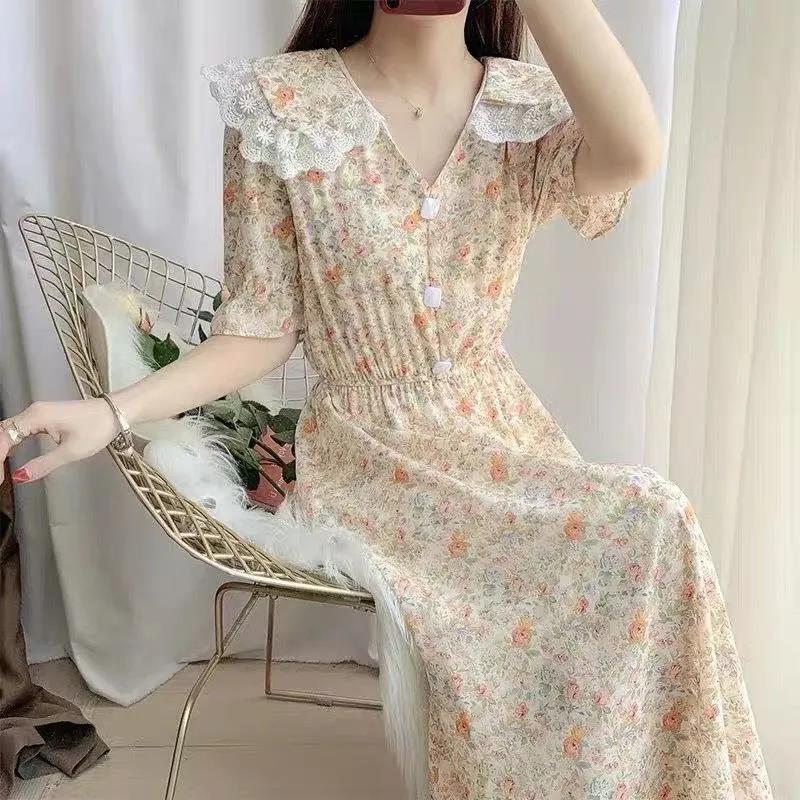 Women Summer Vintage High Waist Fairy Holiday Long Dress Elegant Slim Lace Peter Pan Collar Idyllic Floral Printed Dress