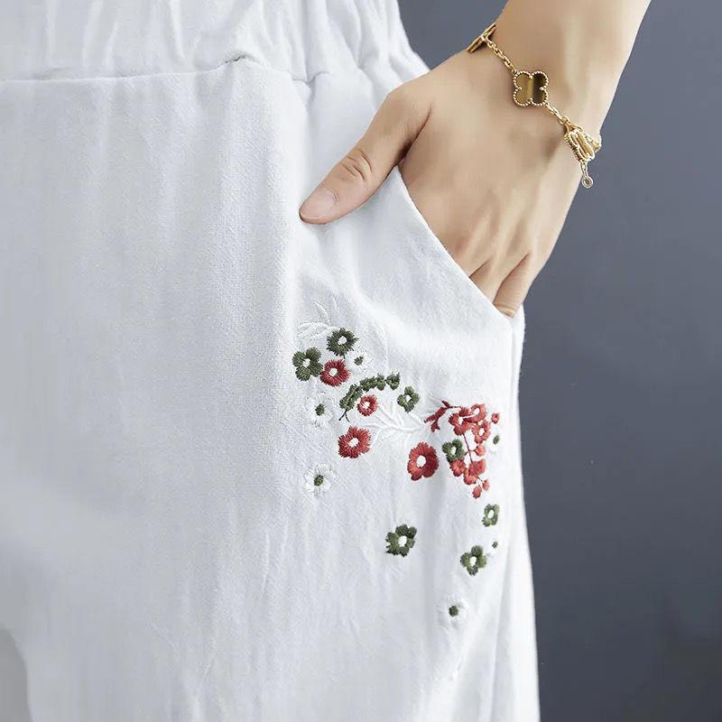 WTEMPO Cotton Retro Flower Embroidery Women Spring and Summer Loose Solid Color Casual Trousers