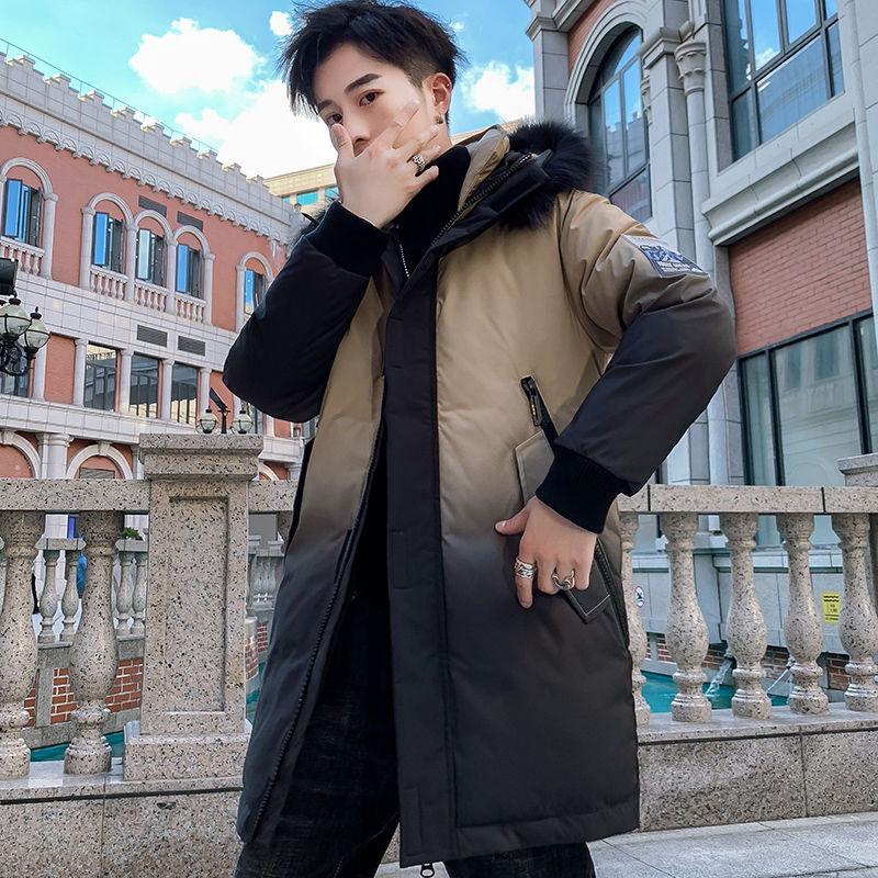 Winter Padded Jacket Plus Cotton Thickening Men's Mid-length Jacket Cotton Jacket Big Fur Collar Padded Jacket Gradient Color