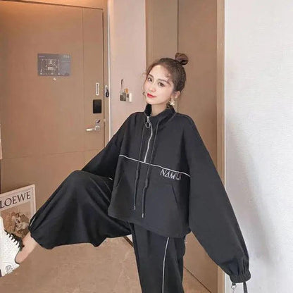 2PCS Women's Casual Sportswear Suit Korean Version Loose Zipper Cardigan + Wide-leg Trousers Two-piece Women's Slimming Fitness Suit