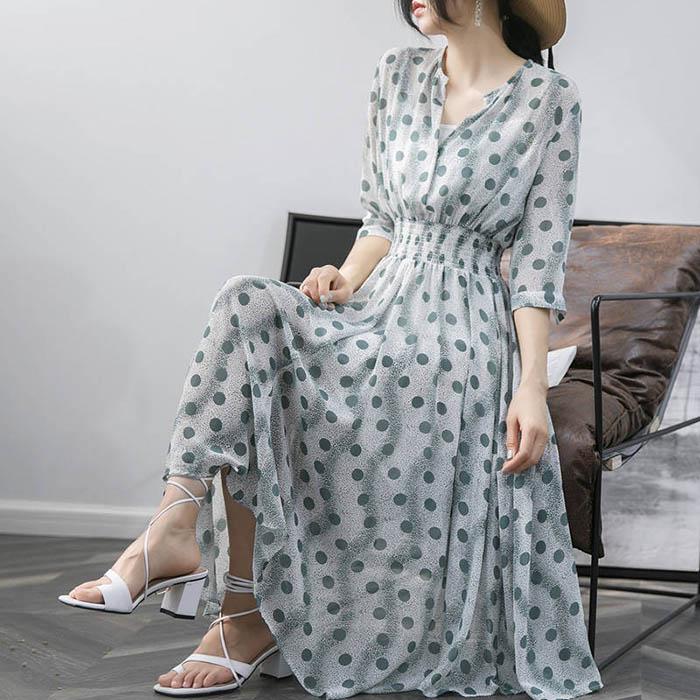 Pofulove Women V-neck Chiffon Polka Dot Dress High Waist Slim A-line Sun-dresses Long Beach Skirt