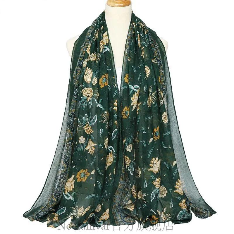 180*90 Huge Size Ethnic Style Warm Scarf for Women Autumn and Winter Print Shawl Scarf Cotton and Linen Sunscreen Silk Scarf Floral Thin Tulle Scarves