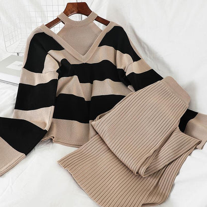 2pcs/set  Women Winter Tracksuit 2 Piece Pant Suits Knitted Striped Sweater Top and Pants 2 Piece Set Outwear Outfits